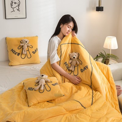 柠檬黄抱枕被子两用加绒加厚客厅沙发靠垫可爱办公室午休小枕头冬