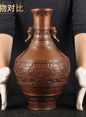 紫铜象首耳龙纹花瓶摆件家居客厅电视柜中式装饰品乔迁新居礼品