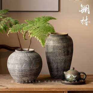 新中式复古粗陶花瓶插干花满天星简约水培罐客厅玄关书桌台面石溪