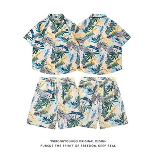 度假风薄款 短裤 满印沙滩套装 衬衫 两件套 男女宽松短袖 悟空有货夏季