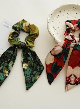 梵高的野玫瑰!绿色蝴蝶结马尾打结发圈!绑头发肠头绳女夏盘发器