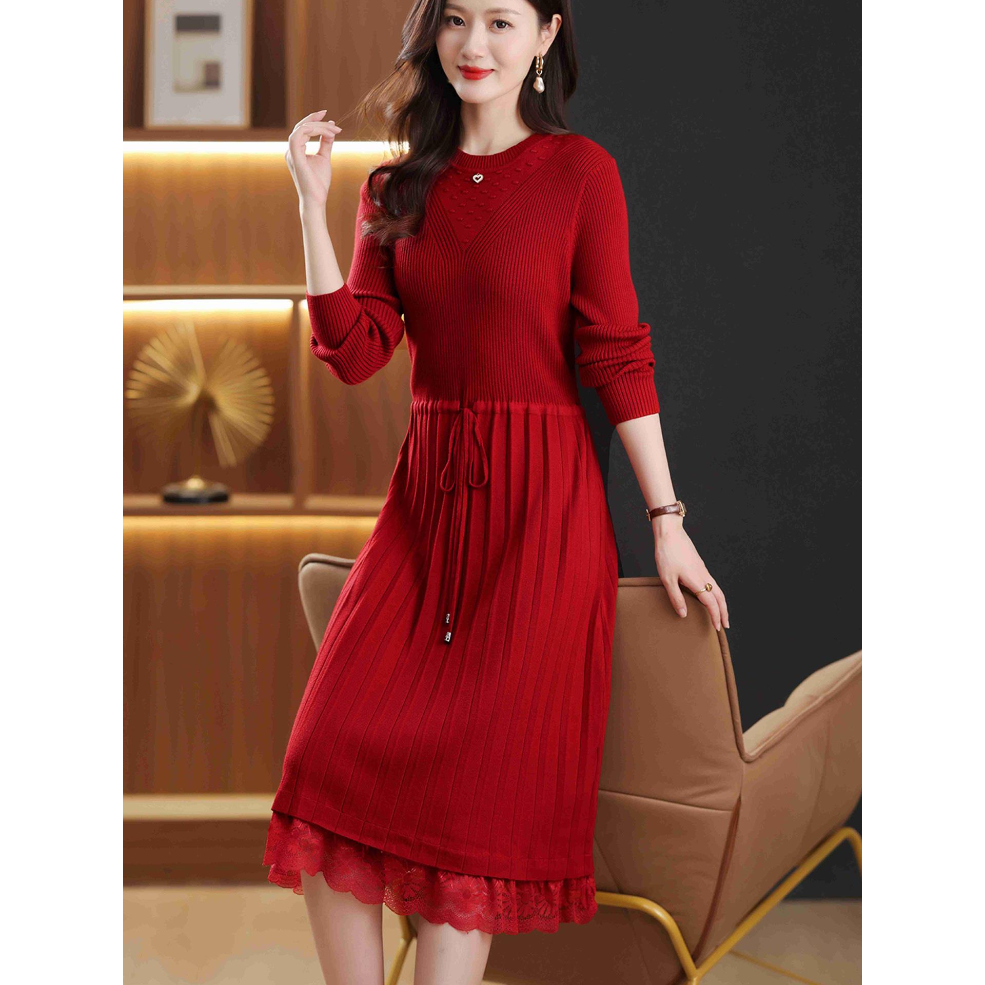2025秋冬新款红色圆领长袖系带收腰显瘦针织连衣裙女中长款毛衣裙