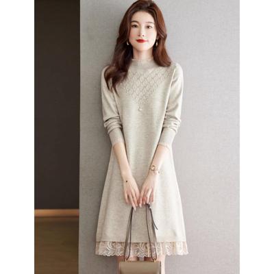 春季半高领针织连衣裙女中长款宽松时尚毛衣配大衣毛衣裙打底裙厚