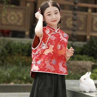 儿童春夏款新中式汉服女童中国风背心红色唐装宝宝马甲抓周礼服
