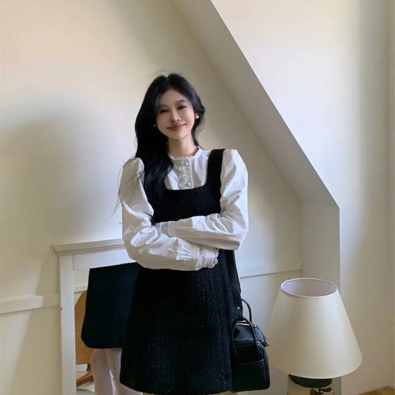 两件套装2024年早春季新款名媛黑色背心连衣裙女吊带内搭打底短裙