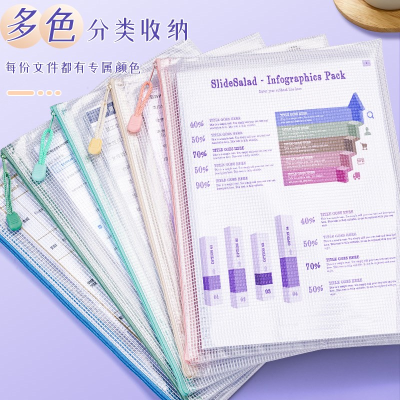 a4文件袋透明文件收纳袋网格拉链档案防水中小学生用科目分类试卷