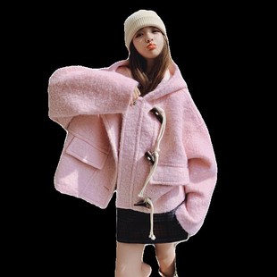 粉色连帽毛呢外套女2024年冬季新款小个子加厚短款呢子牛角扣大衣