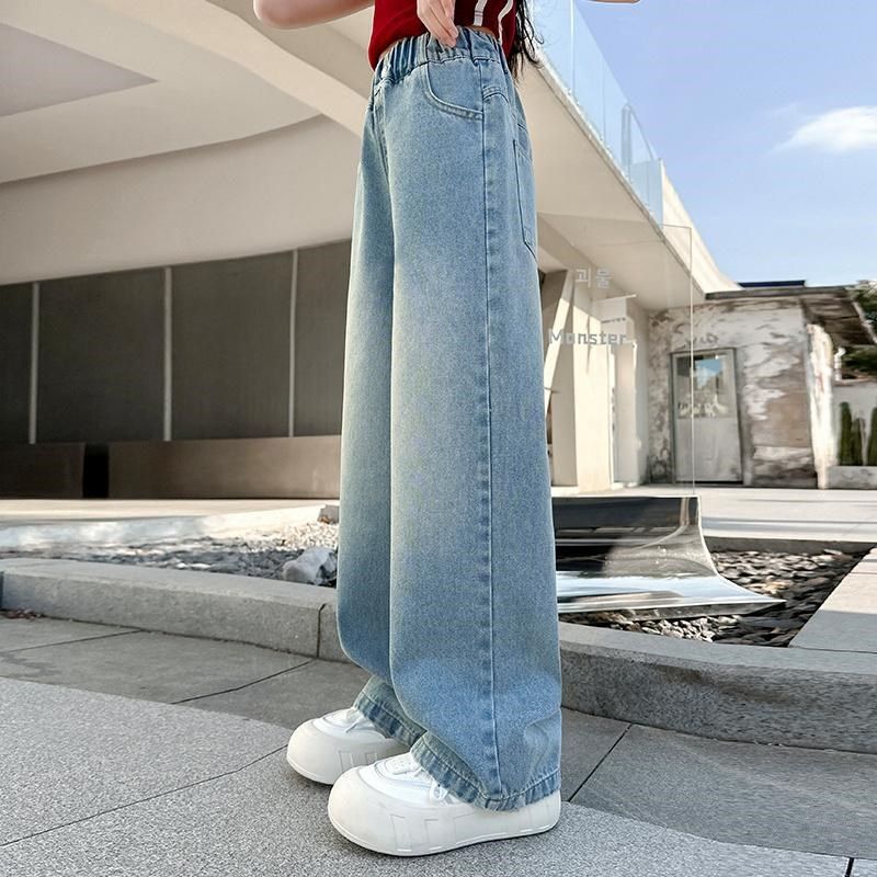 女童裤子春秋季2025新款洋气中大童休闲牛仔裤儿童浅色直筒阔腿裤