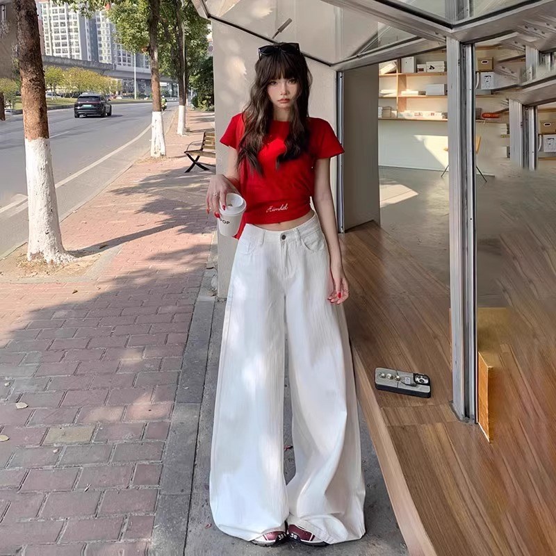 不贴腿阔腿白色牛仔裤女高腰宽松垂感高级感显瘦直筒拖地长裤子春