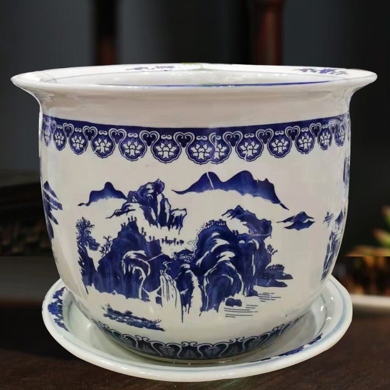 景德镇陶瓷特大号青花瓷花盆带托盘大号户外庭院田园落地桌面盆栽