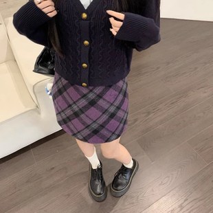 复古高腰毛呢格纹半身裙女大码秋冬新款加厚包臀a字紫色格子短裙