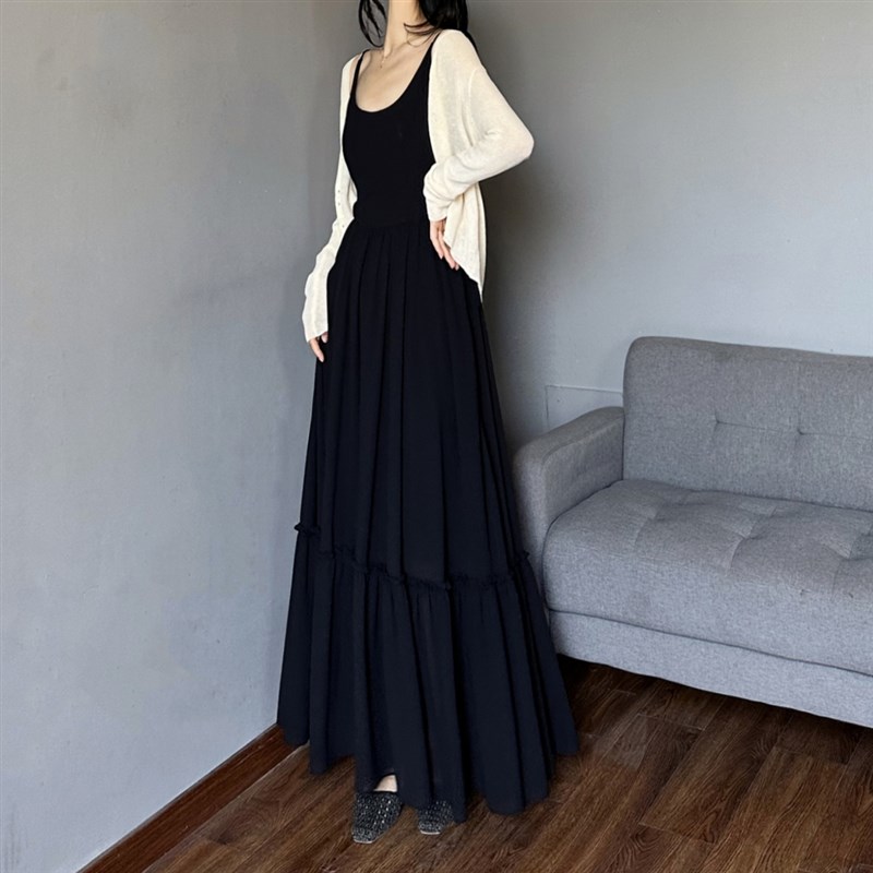 大u领无袖拼接背心裙 黑色内搭雪纺连衣裙 夏天大摆长款拖地长裙