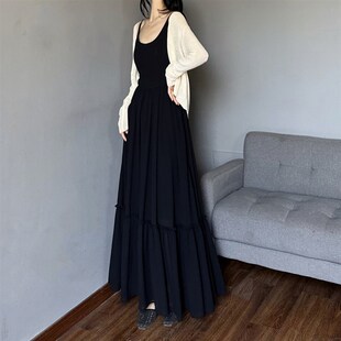 大u领无袖拼接背心裙 黑色内搭雪纺连衣裙 夏天大摆长款拖地长裙
