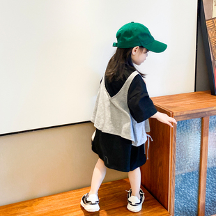 女童中长款t恤裙夏2022新款潮洋气时尚夏装短袖两件套连衣裙欧美