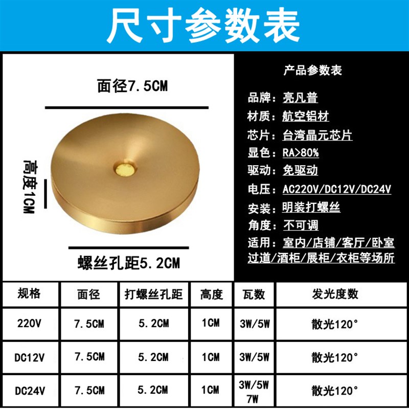 220V12V24伏超薄1cm明装筒灯3W5W7W免开孔橱柜酒柜展柜迷你小射灯