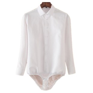 男士修身舞蹈连体衬衫白色 长袖 学生装商务工装连裤衬衣带裆衬衣