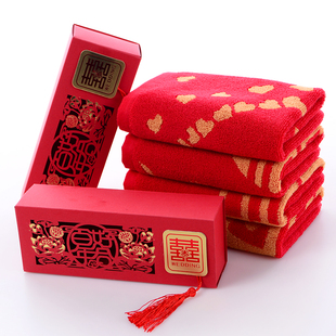 结婚一对红喜庆洗脸满月纯棉方小毛巾伴手绢帕子回礼盒宴会用品
