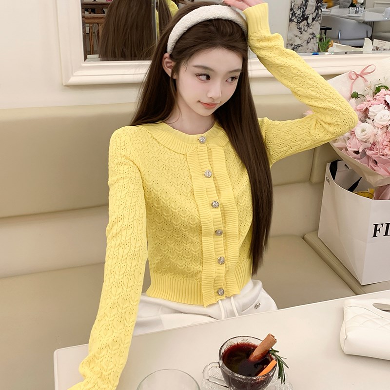 若语定制 香香女秀场25c金属扣镂空开衫上衣百搭黄色毛衣针织衫女