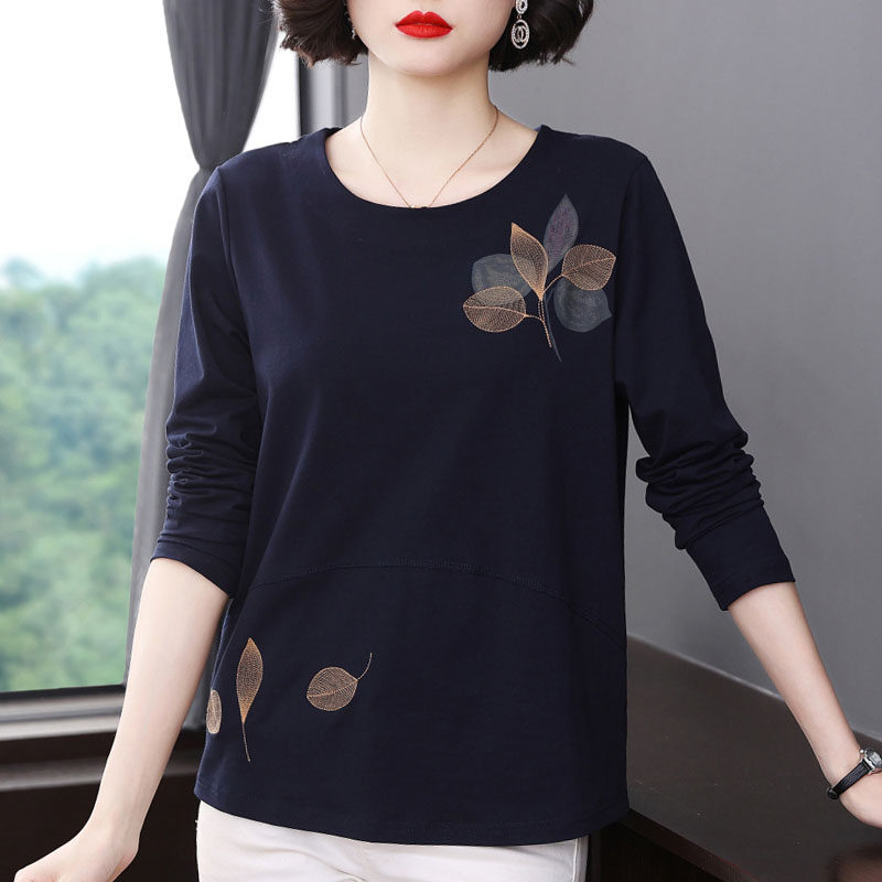纯棉长袖t恤女 宽松上衣服2021新款中老年洋气秋衣外穿妈妈打底衫