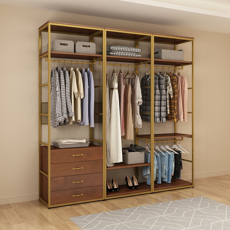 开放式衣柜轻奢衣帽架转角落地卧室挂衣架铁艺步入式衣帽间置物架