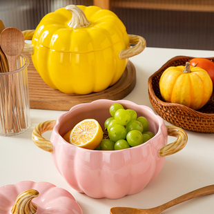 南瓜陶瓷汤锅家用大号汤锅把手加厚汤盅带盖耐热新款创意双耳汤碗