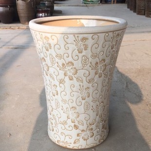 珍珠白带花卉图特大号高筒陶瓷花盆案散尾葵绿萝琴叶榕盆发财树