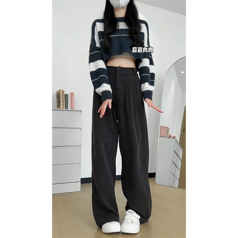 黑色灯芯绒西装直筒裤女秋冬加绒2024新款高腰垂感小个子阔腿裤子,女装/女士精品,卫裤,淘宝优惠券,粉丝福利购,淘宝优惠卷