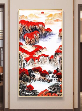 新中式玄关装饰画 高清山水壁画客厅挂画 拉丝金框装饰画 过道走