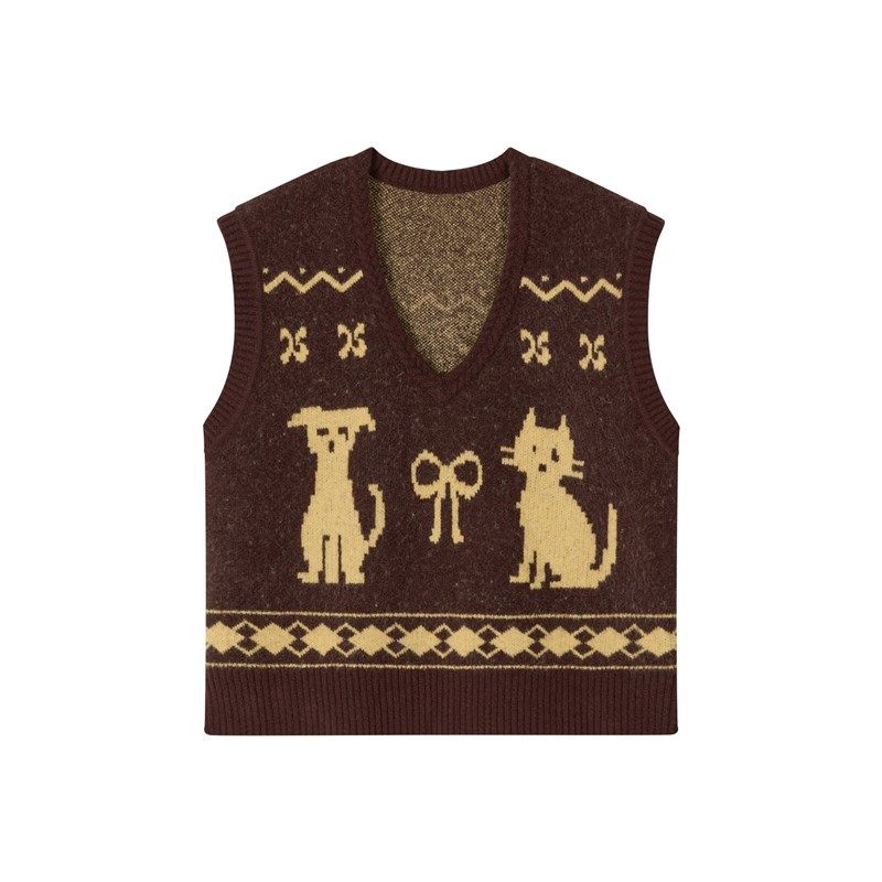 NS76秋新款撞色猫狗宠物图案V领羊毛背心针织马甲宽松女无袖上衣,女装/女士精品,毛衣,淘宝优惠券,粉丝福利购,淘宝优惠卷