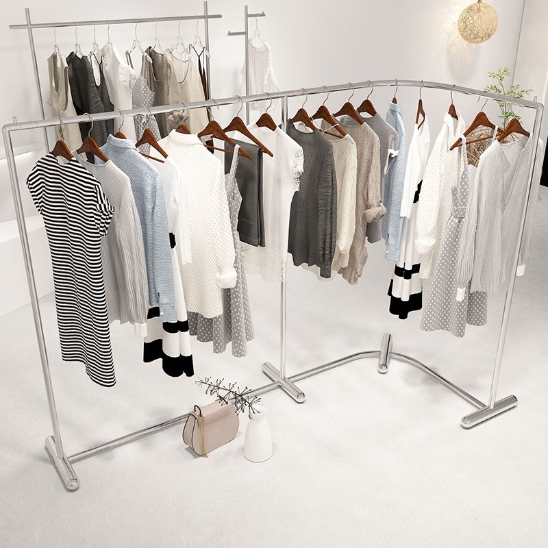 女装店货架展示架落地式中岛转角挂衣架服装店陈列架不锈钢拉丝银