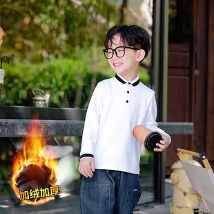 男童长袖t恤纯棉Polo衫儿童冬季加绒白色打底衫中大童翻领校班服T