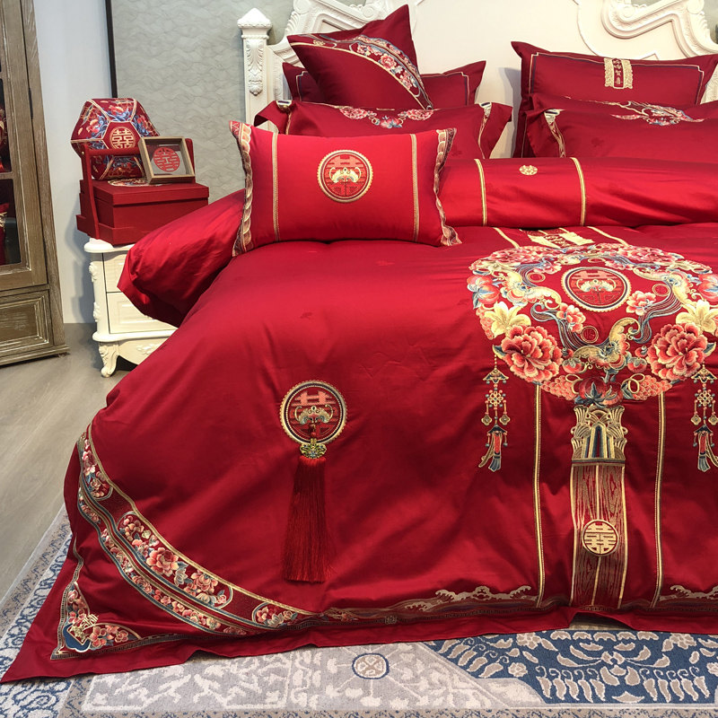 新中式婚嫁四件套纯棉被套全棉婚庆床上六件套结婚喜被高档十件套