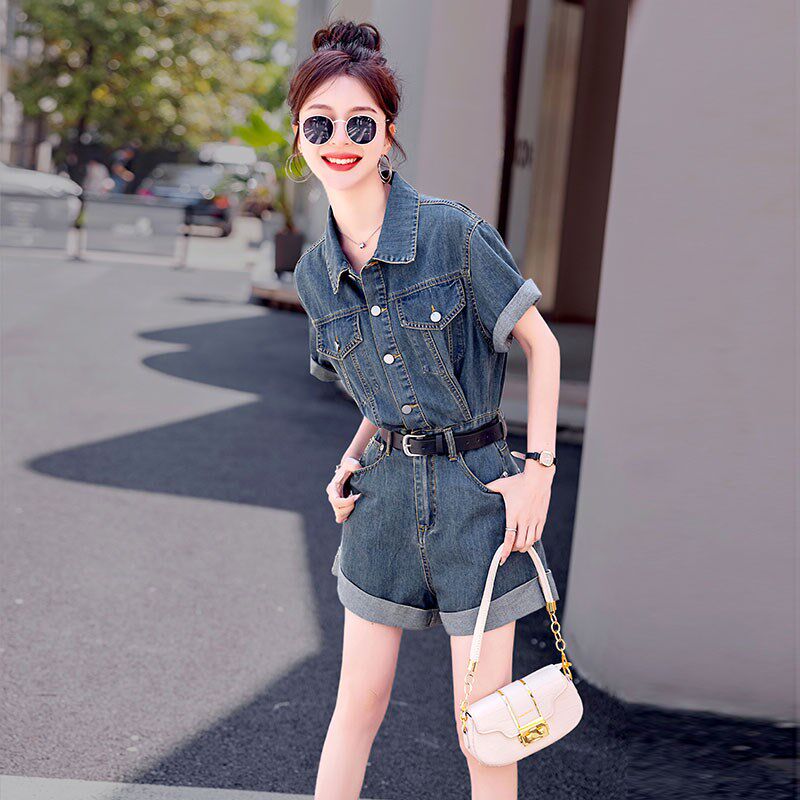 工装牛仔连体短裤套装女高级感夏季薄款2025年新款高腰显瘦小个子