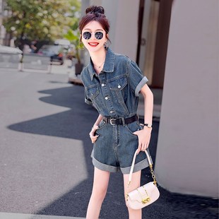 工装牛仔连体短裤套装女高级感夏季薄款2025年新款高腰显瘦小个子