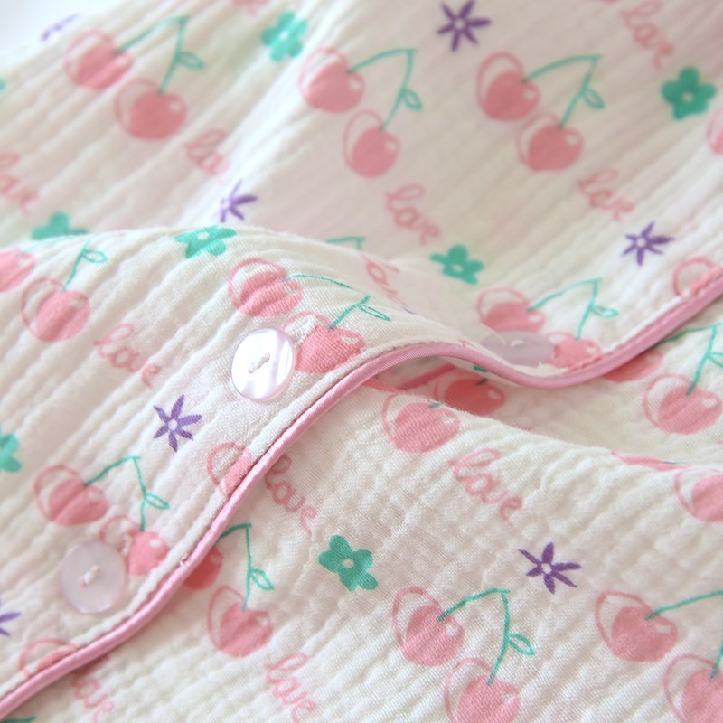 米筱米儿童春秋薄款纯棉纱布泡泡棉纱女童樱桃睡衣夏季空调家居服