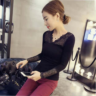 v领蕾丝打底衫女长袖大码薄款秋冬内搭性感修身镂空花边蕾丝上衣