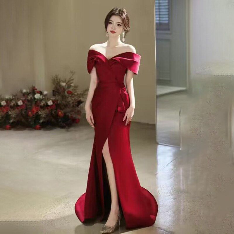 黑色晚礼服高端法式聚会小众拖尾齐地蝴蝶结一字肩显瘦绑带连衣裙