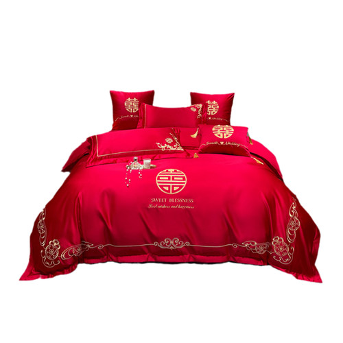 100支全棉长绒棉婚庆四件套纯棉结婚房喜被大红色新婚礼床上用品4