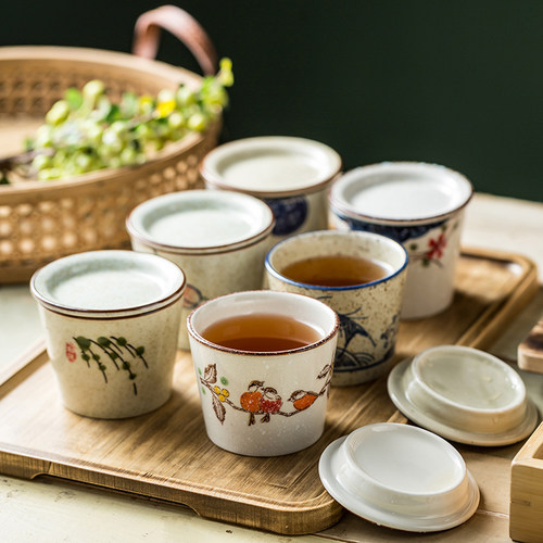 围炉煮茶新中式陶瓷杯带盖品茗杯功夫茶具套装主人杯猪口杯釉下彩