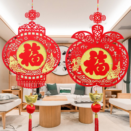 新年平安福挂件带灯灯笼挂饰春节喜庆装饰品室内高档植绒立体挂件
