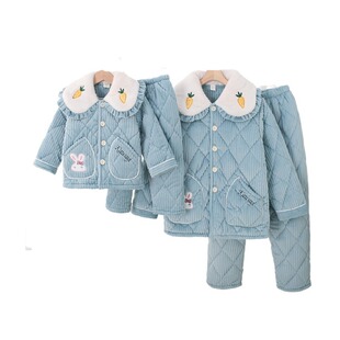 三层夹棉加厚亲子睡衣女童冬款珊瑚绒套装中大女孩母女加绒家居服