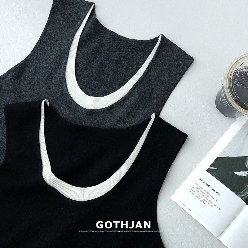 南油高级羊毛拼色假两件针织连衣裙女新款黑色背心裙无袖吊带长裙