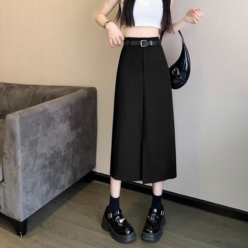 灰色西装中长裙大码高腰显瘦a字半身裙女夏气质开叉西装包臂长裙