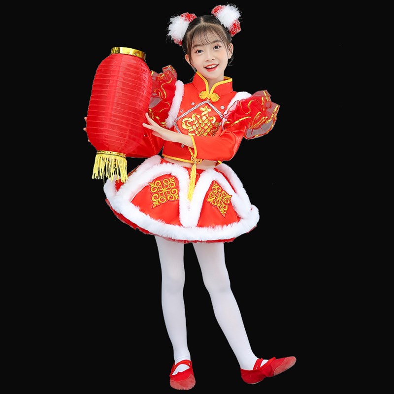 儿童喜庆中国红演出服男女童幼儿太平鼓舞蹈裙灯笼梦娃打鼓表演服