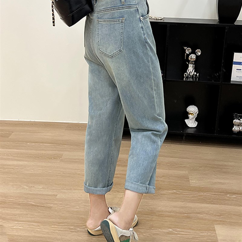 大码女装牛仔裤哈伦老爹裤夏季薄款胖妹妹mm复古蓝宽松显瘦小脚裤