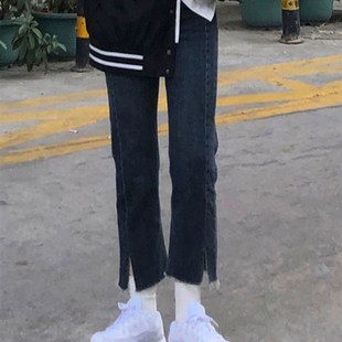 大码胖妹妹开叉牛仔裤女秋冬复古显瘦梨型身材烟管九分加绒直筒裤