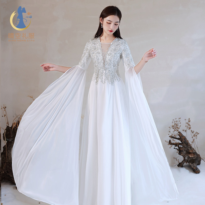 新款独唱礼服成人女复古银白色舞台民乐表演学生艺考服古筝演出服