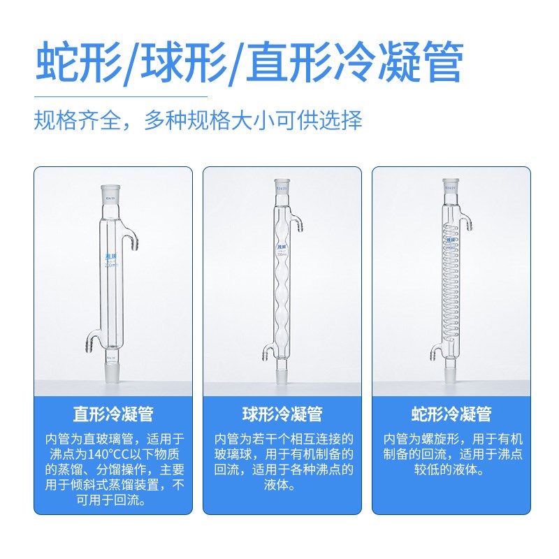 湘玻玻璃冷凝管直形球形蛇形实验室高硼硅玻璃蒸馏水回流萃取装置