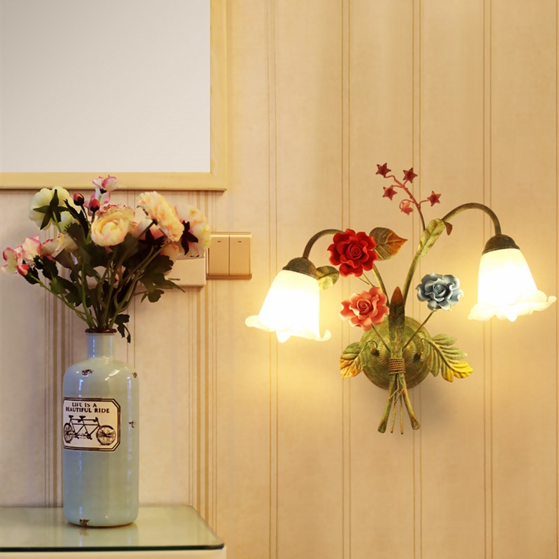 美苑田园壁灯花草灯北欧床头灯美式铁艺花灯单头双头LED过道灯