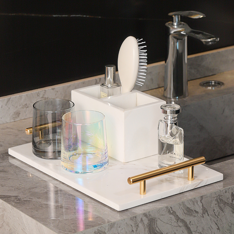 欧式带把手大理石托盘浴室洗漱牙具护肤品收纳家居摆饰香薰置物架